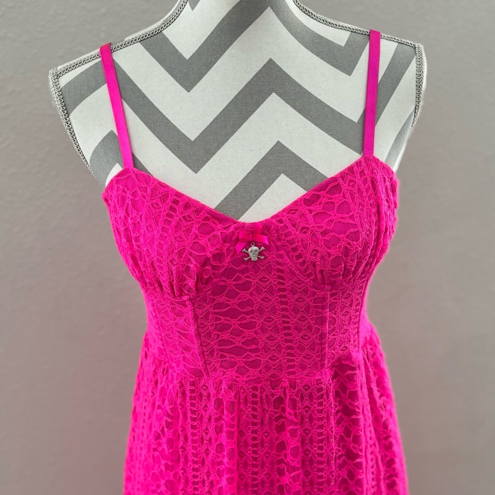 Betsey Johnson Dress Hot Pink Long Lace Dress Size 6 - Picture 3 of 10